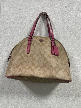 Coach Khaki Signature Dome Satchel with Pink Trim and Handles